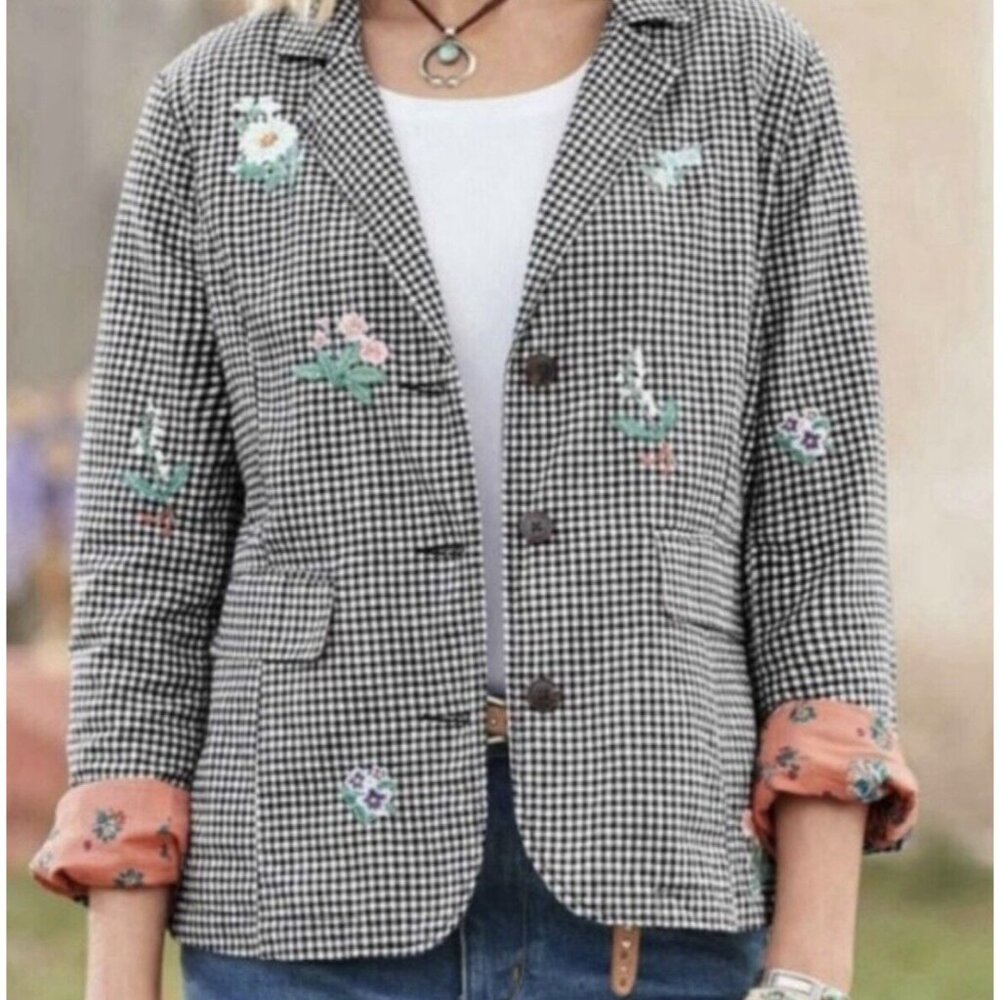 Sundance Black & White Gingham Blazer with Floral Embroidery